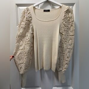 Chic Cream Sweater with Lace Sleeves